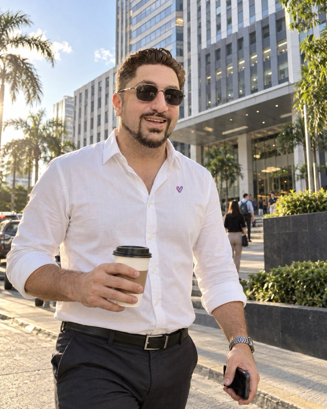 Benjamin holding coffee outside Cebu Exchange
